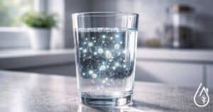 Verre d'eau clair contenant des nanoparticules, illustrant la technologie de purification de l'eau proposée par Diproclean.