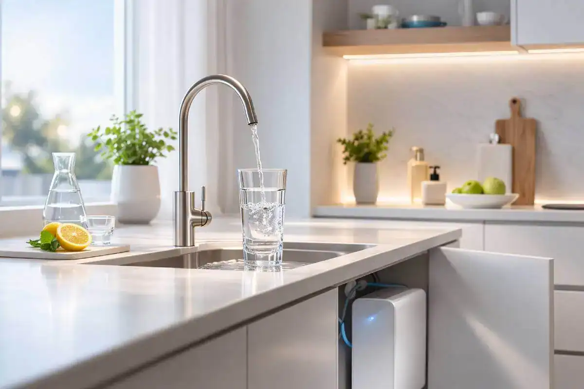 Utilisateur Waterdrop dans une cuisine moderne