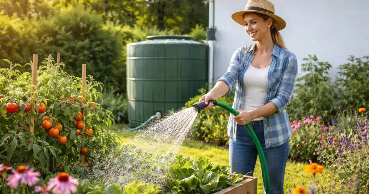 Arrosage du jardin avec de l&rsquo;eau de pluie r&eacute;cup&eacute;r&eacute;e