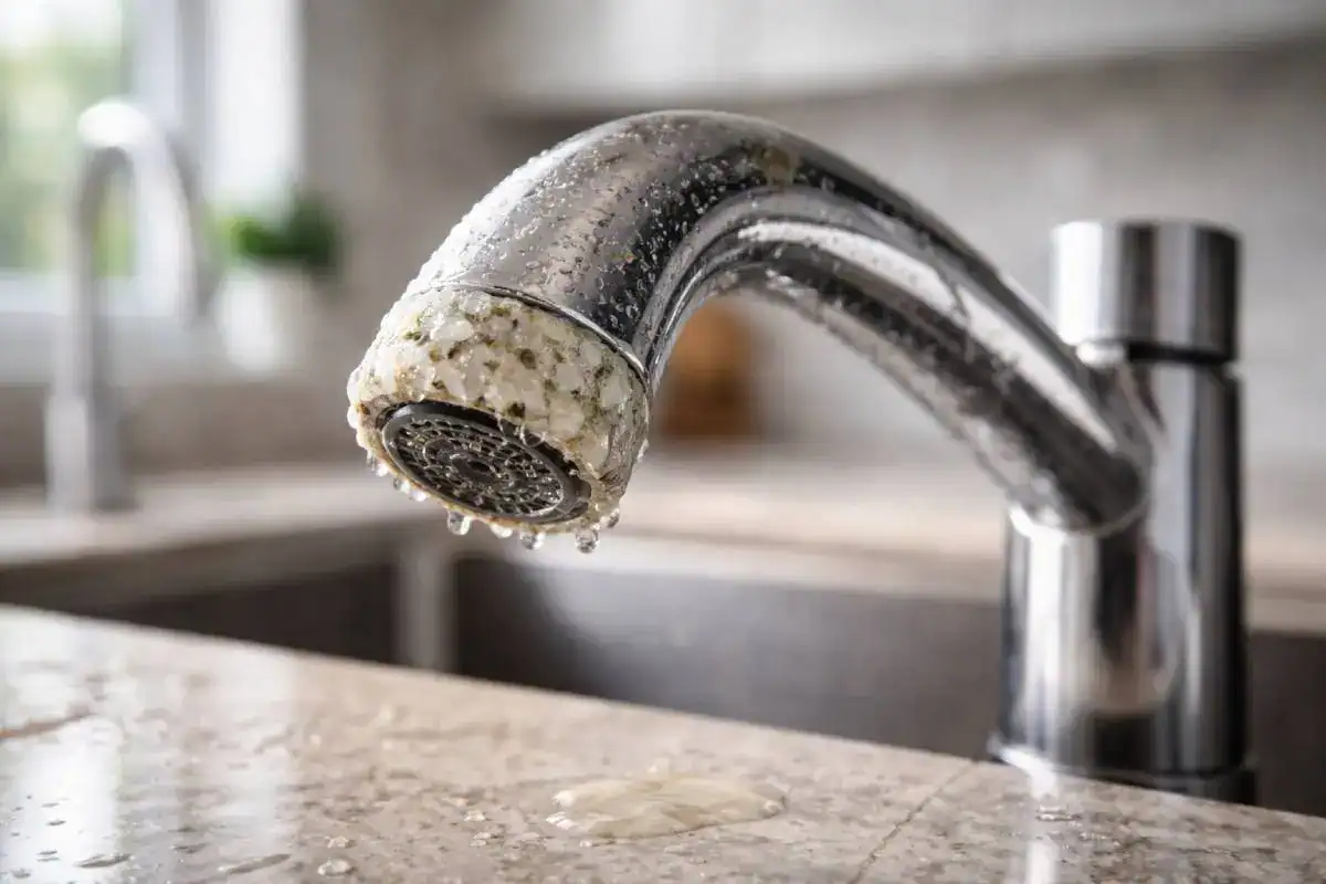 D&eacute;p&ocirc;ts de calcaire sur un robinet de cuisine