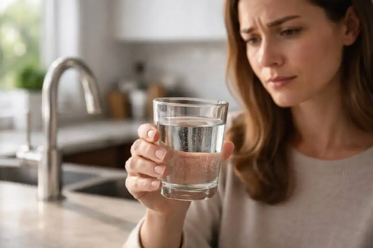 Verre d&rsquo;eau du robinet illustrant le go&ucirc;t et l&rsquo;odeur du chlore