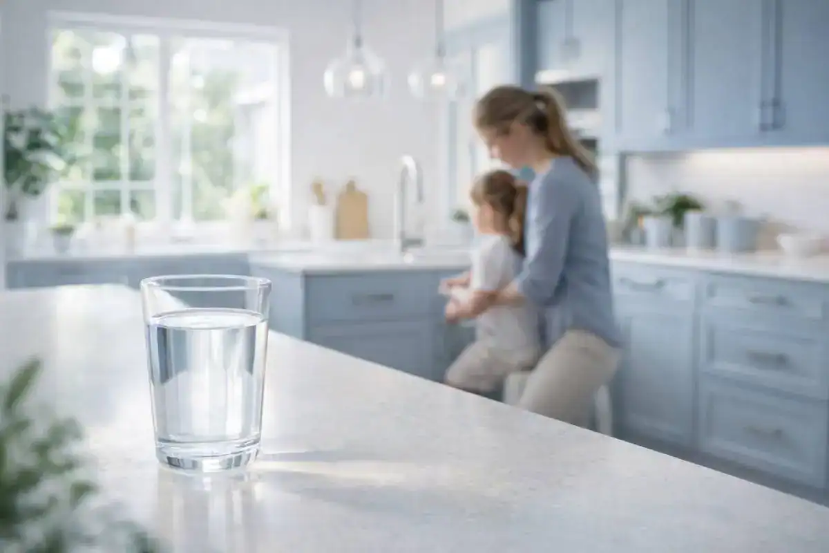 Cuisine lumineuse avec verre d’eau pure et ambiance familiale rassurante