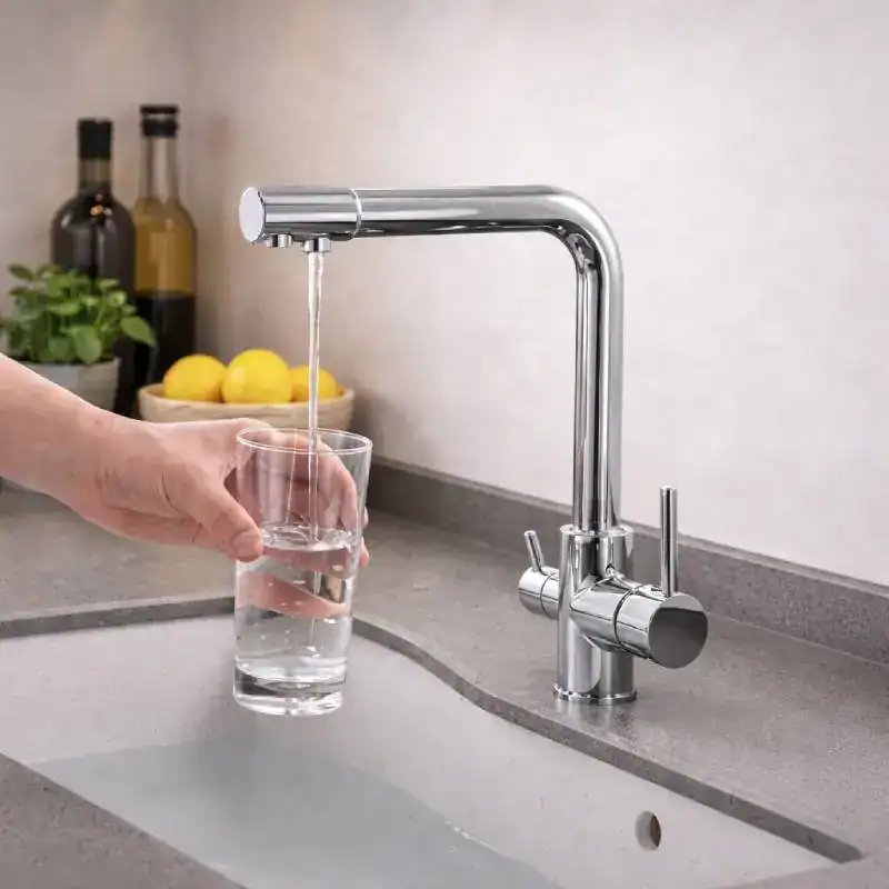 Robinet 3 voies chromé pour osmose, haute pression, rotation à 360°.