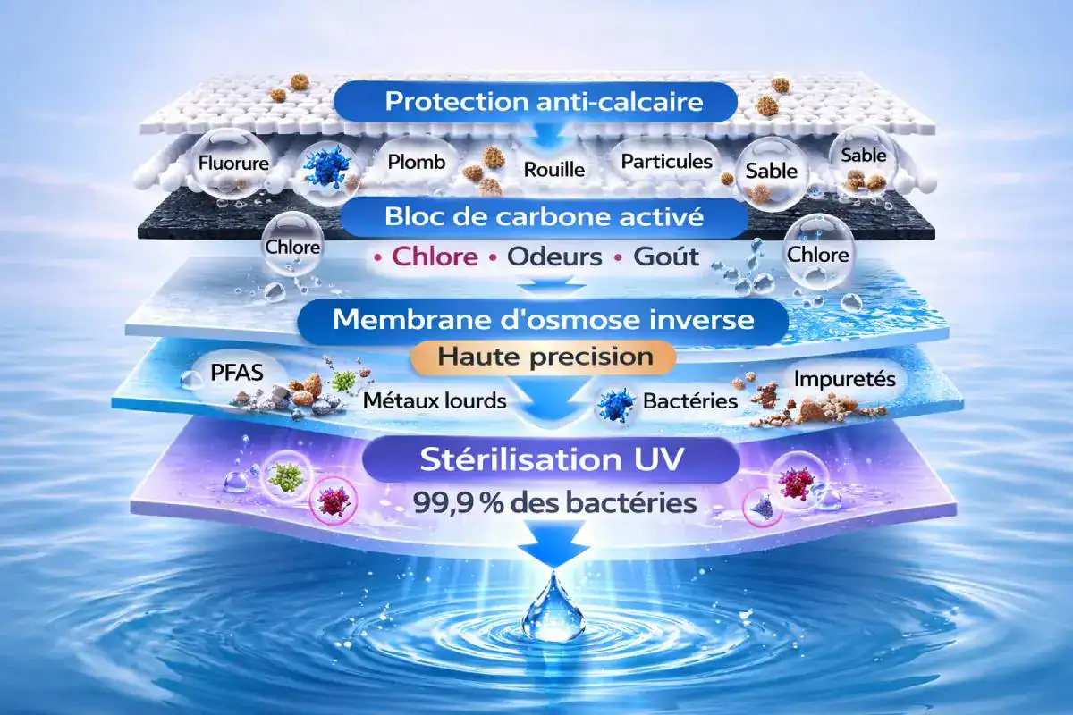 Etapes de filtration de l'osmoseur G3P800 UV Led