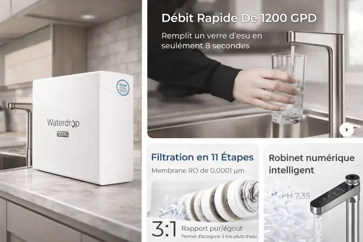 Présentation premium du Waterdrop X1200 dans une cuisine moderne