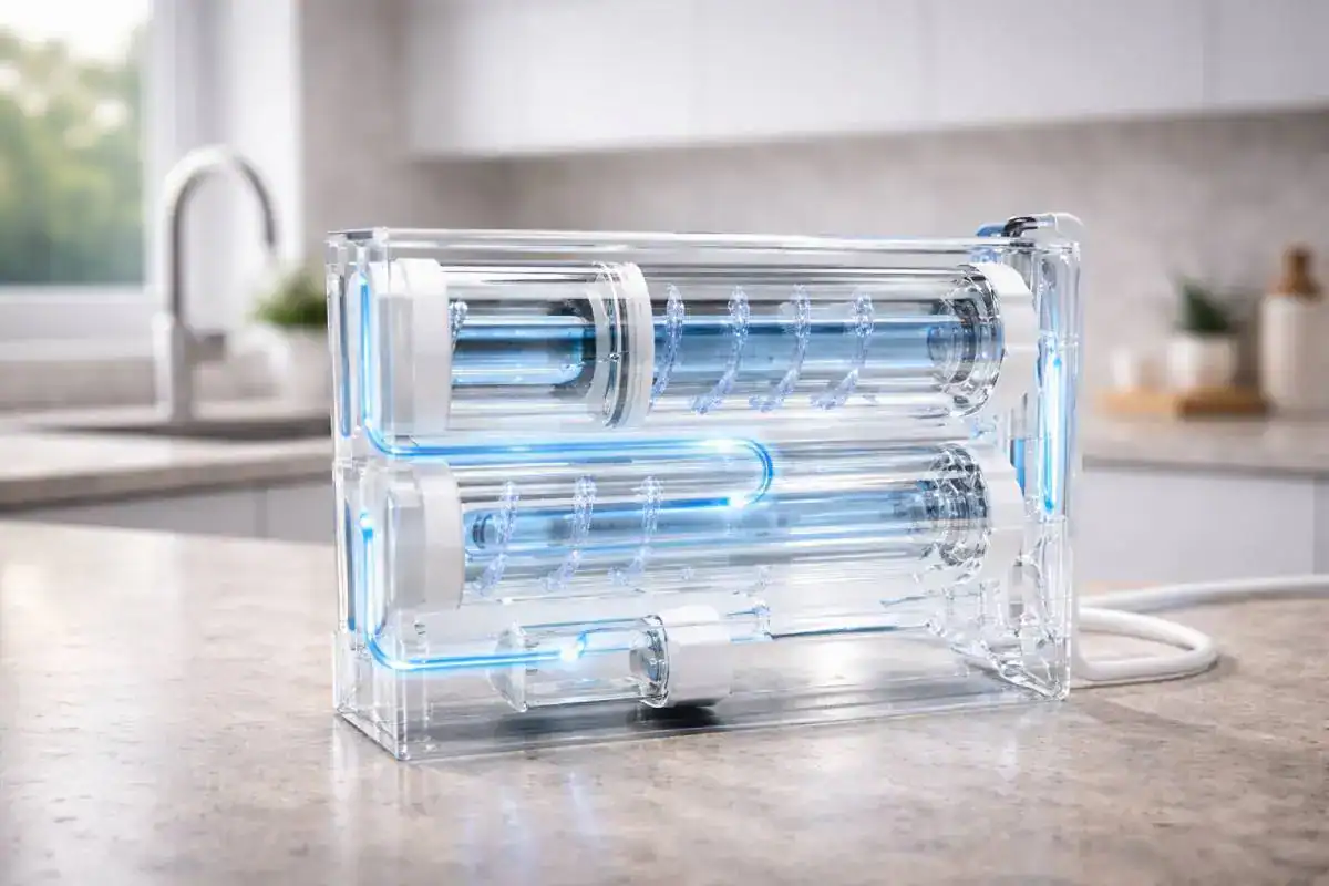 Visualisation du processus de filtration de l’eau à travers plusieurs couches sur un osmoseur Waterdrop