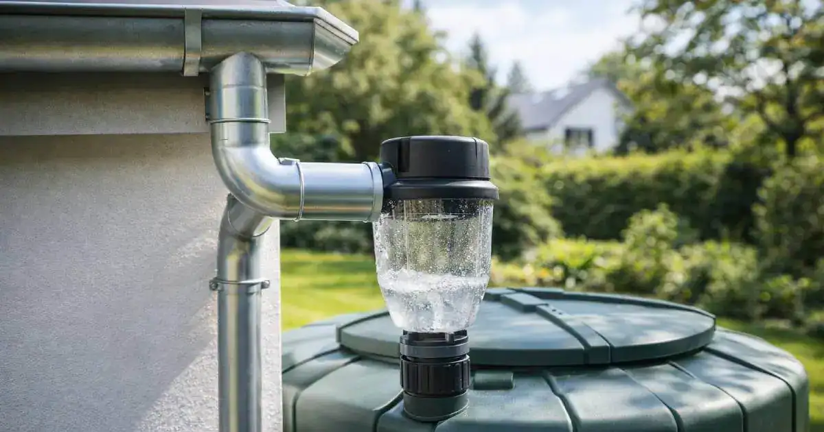 Goutti&egrave;re et cuve de r&eacute;cup&eacute;ration d&rsquo;eau de pluie dans un jardin