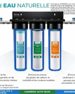 Kit de cartouches de filtration en trois étapes pour l'eau, incluant sédiments, charbon actif et fer/manganèse, pour une purification efficace de l'eau.