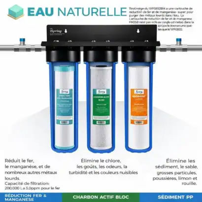 Kit de cartouches de filtration en trois étapes pour l'eau, incluant sédiments, charbon actif et fer/manganèse, pour une purification efficace de l'eau.