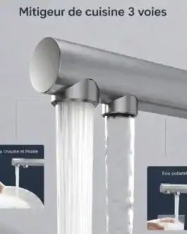 Robinet 3 voies chromé pour osmoseur, haute pression rotatif à 360°, idéal pour eau chaude, froide et potable. Facile à utiliser, design moderne, parfait pour cuisine.