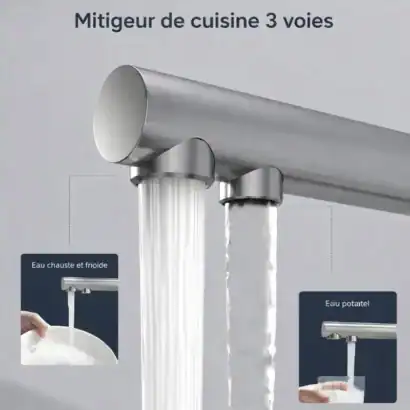 Robinet 3 voies chromé pour osmoseur, haute pression rotatif à 360°, idéal pour eau chaude, froide et potable. Facile à utiliser, design moderne, parfait pour cuisine.