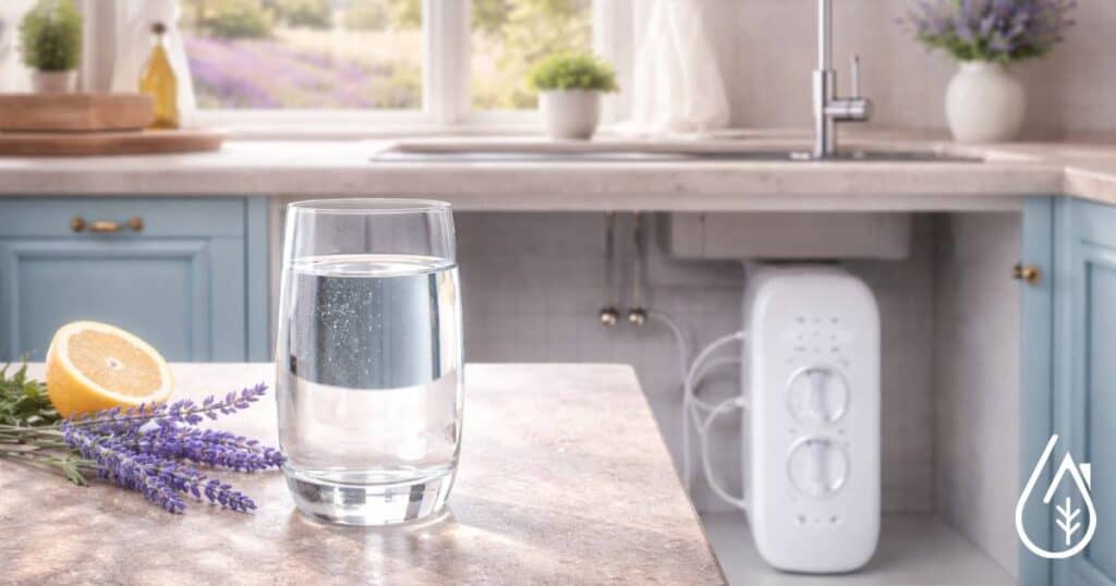 Verre d'eau filtrée au charbon actif sur une cuisine moderne, mettant en avant les propriétés purifiantes du charbon actif pour une eau saine.