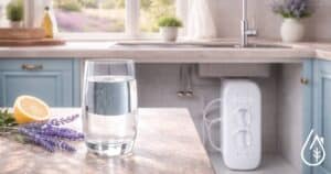Charbon actif pour filtration d'eau - Boutique Diproclean Verre d'eau filtrée au charbon actif sur une cuisine moderne, mettant en avant les propriétés purifiantes du charbon actif pour une eau saine.