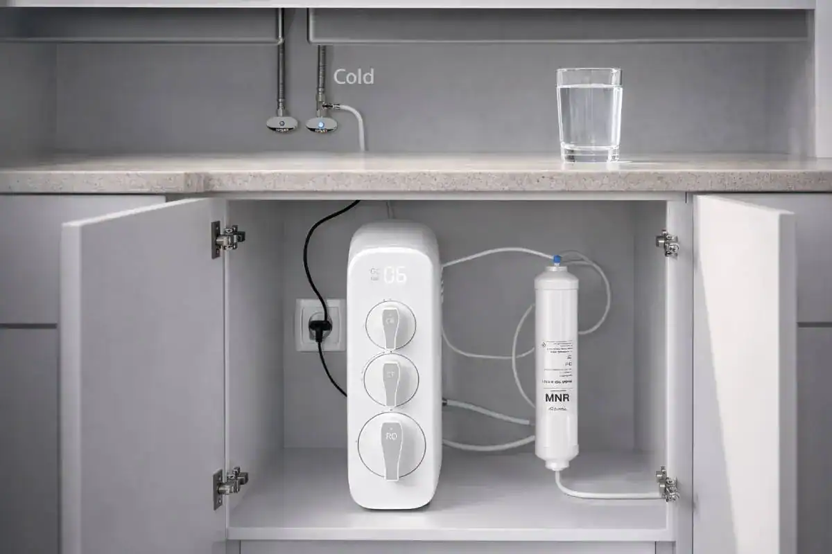 Osmoseur inverse sous &eacute;vier sans r&eacute;servoir install&eacute; dans une cuisine moderne