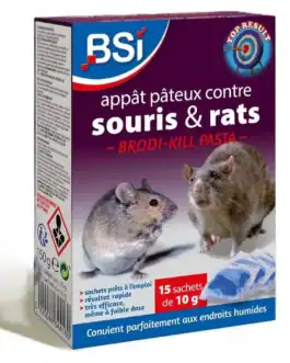 Pâte brodifacoum contre rats et souris, solution rapide et efficace pour éliminer nuisibles dans zones humides, emballage de 150g avec 15 sachets.