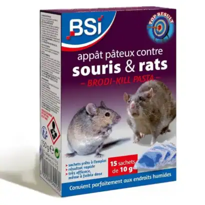 Pâte brodifacoum contre rats et souris, solution rapide et efficace pour éliminer nuisibles dans zones humides, emballage de 150g avec 15 sachets.