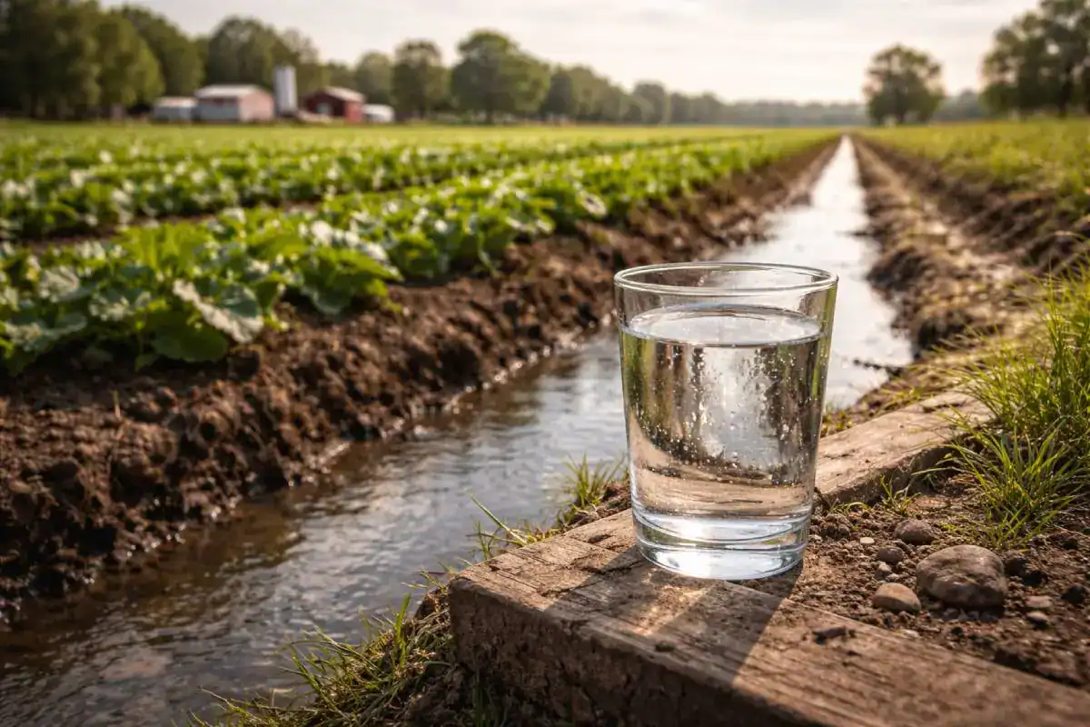 Champ agricole avec contamination possible de l&rsquo;eau par pesticides et nitrates