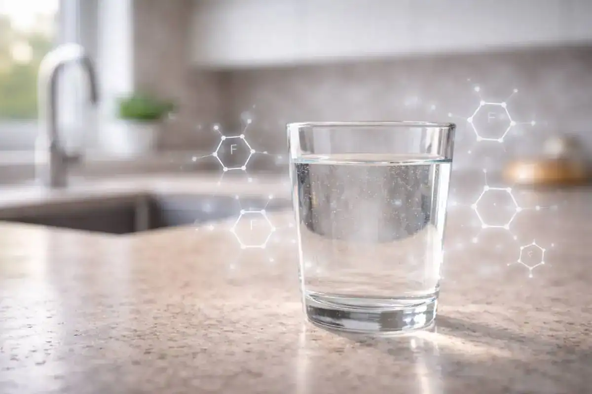 Illustration des mol&eacute;cules PFAS invisibles dans un verre d&rsquo;eau