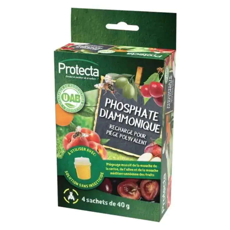 Phosphate Diammonique 4x40g - Attractif Mouche Olive Cerise - Boutique Diproclean Sachets de phosphate diammonique pour attirer les mouches, saveurs olive, cerise, et méditerranéenne, idéal pour la pêche.