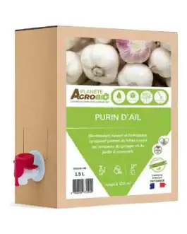 Bidon de purin d'ail biologique 1,5 L, idéal pour la lutte contre les ravageurs du jardin et du potager, respectueux de l'environnement et certifié bio.