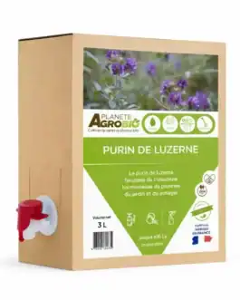 Bidon de purin de luzerne biologique de 3 litres, idéal pour fertiliser et renforcer la croissance des plantes dans le jardin et le potager.