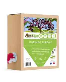 Purin de sureau biologique en bidon de 1,5 litre, idéal pour fertiliser jardins, potagers et arbres fruitiers, favorise la croissance naturelle et lutte contre les insectes indésirables.