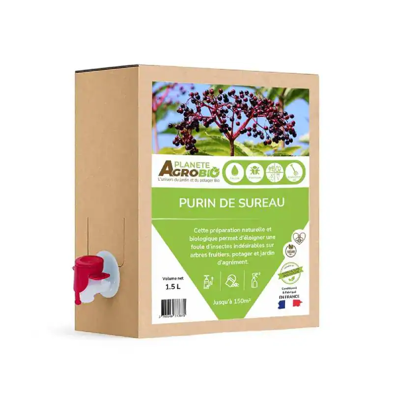 Purin de sureau bio 1,5 L - Boutique Diproclean Purin de sureau biologique en bidon de 1,5 litre, idéal pour fertiliser jardins, potagers et arbres fruitiers, favorise la croissance naturelle et lutte contre les insectes indésirables.