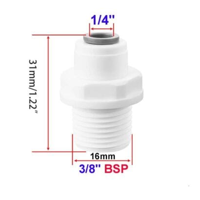 Raccord rapide pour tuyau 1/4" avec filetage 3/8" Femelle/Mâle, idéal pour systèmes d'eau et osmose inverse. Facile à connecter et déconnecter pour une installation pratique.