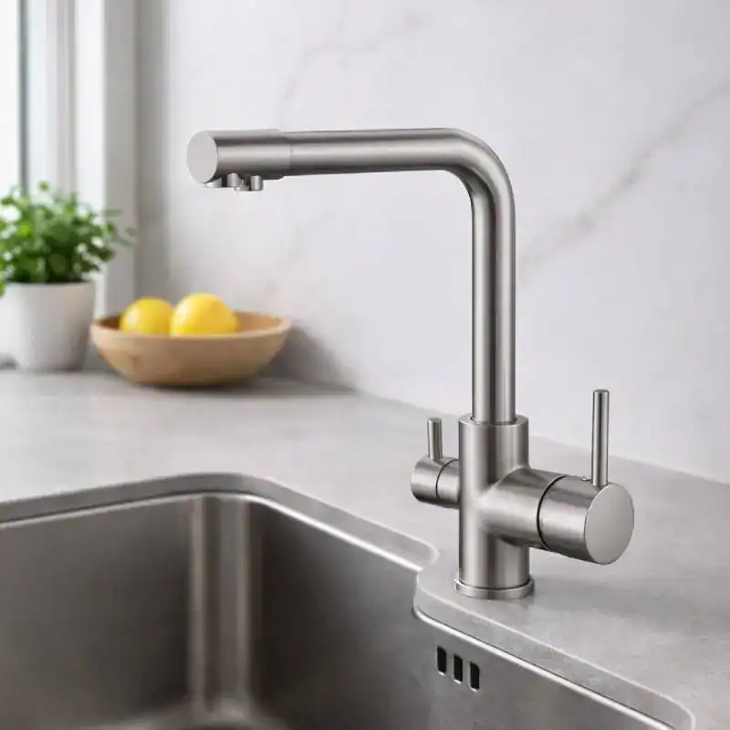 Robinet 3 voies chromé pour système d'osmose inverse, haute pression, rotation à 360°.