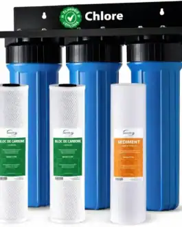 Filtre à eau pour station Big 20 Pouces avec cartouches au charbon actif et sédiments, élimine chlore et impuretés pour une eau plus saine.