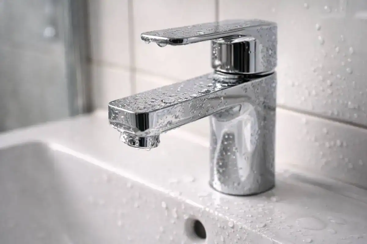 Robinet avec traces de calcaire et d&eacute;p&ocirc;ts blancs dans une salle de bain