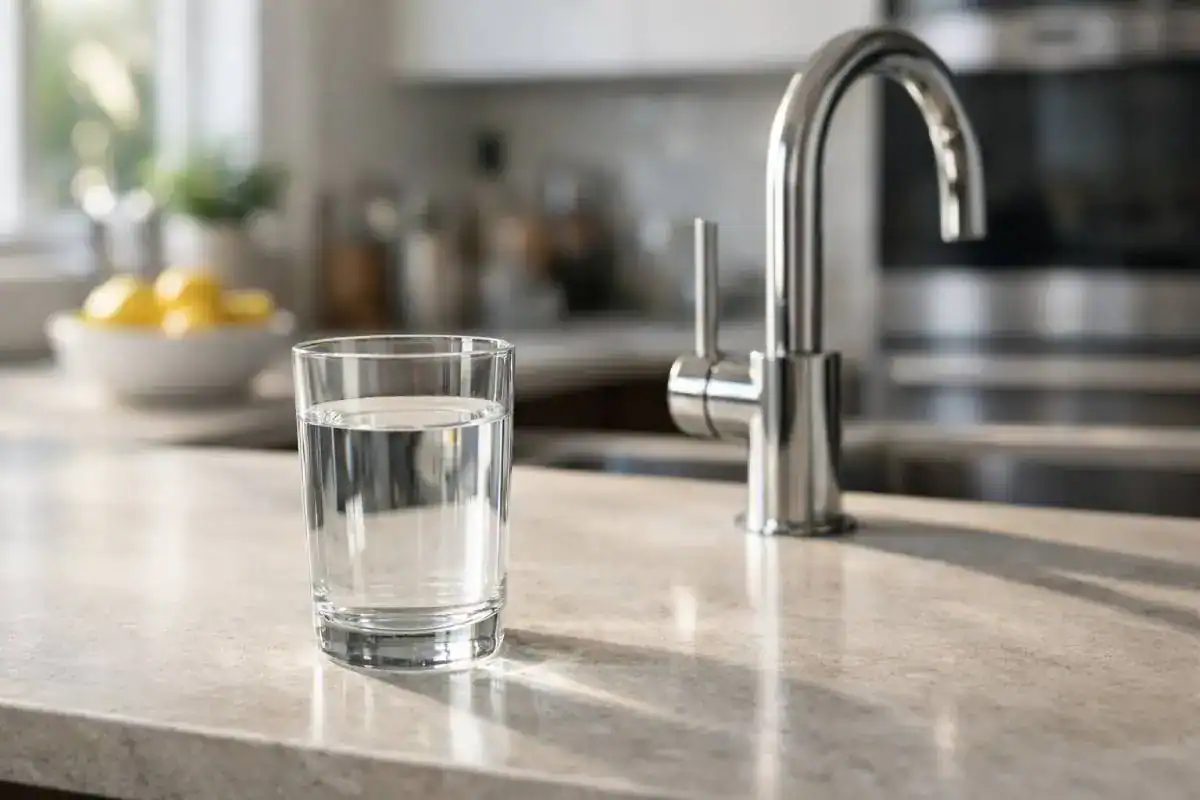 Verre d&rsquo;eau du robinet dans une cuisine moderne avec lumi&egrave;re naturelle