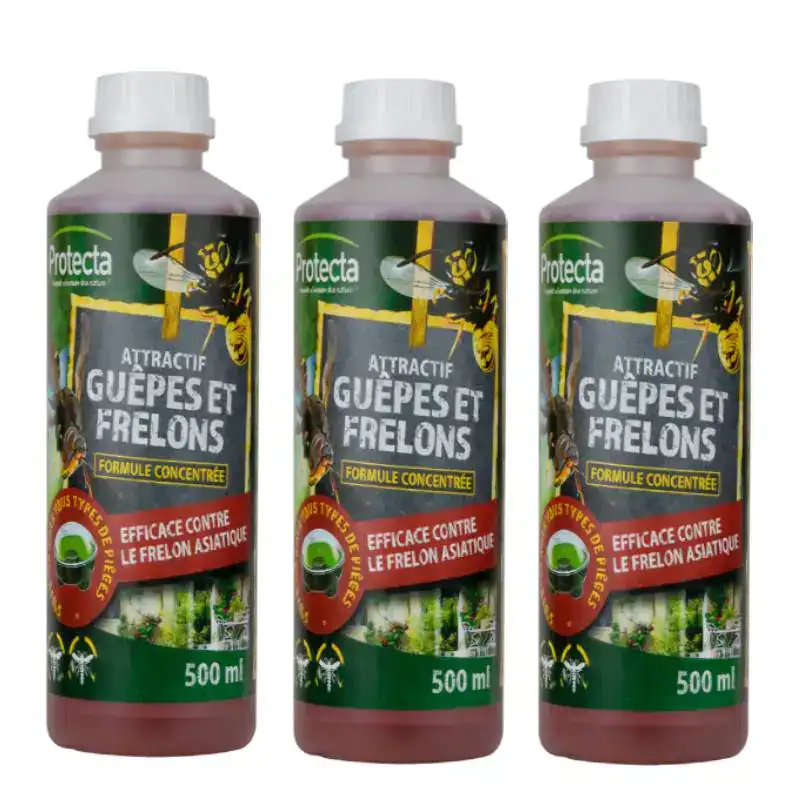 Diproclean Guêpes & Frelons Concentré 3x500ml - Boutique Diproclean Lot de 3 flacons de concentré attractif pour guêpes et frelons, 500 ml chacun, efficace contre le frelon asiatique, idéal pour la lutte antiparasitaire.