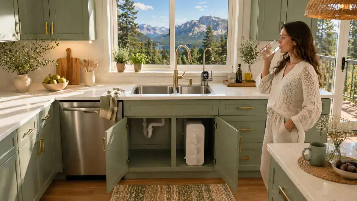 Osmoseur Waterdrop installé dans une cuisine à la montagne