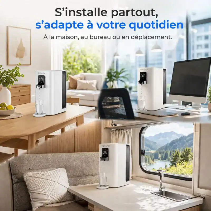 Distributeur d'eau min&eacute;rale osmos&eacute;e avec UV, id&eacute;al pour la maison ou le bureau, offrant une eau purifi&eacute;e &agrave; temp&eacute;rature variable de 20&deg; &agrave; 95&deg;C.
