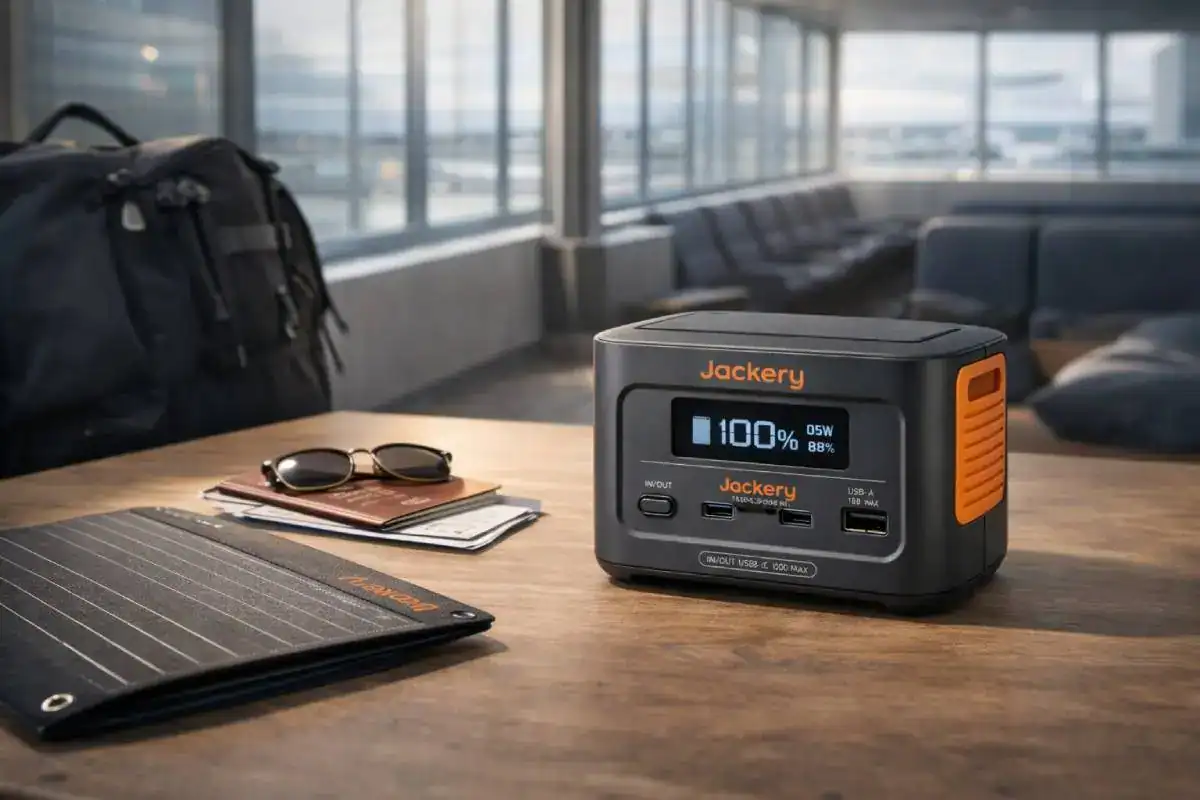 Jackery Explorer 100 Plus avec SolarSaga 40W Mini en voyage ou en ext&eacute;rieur