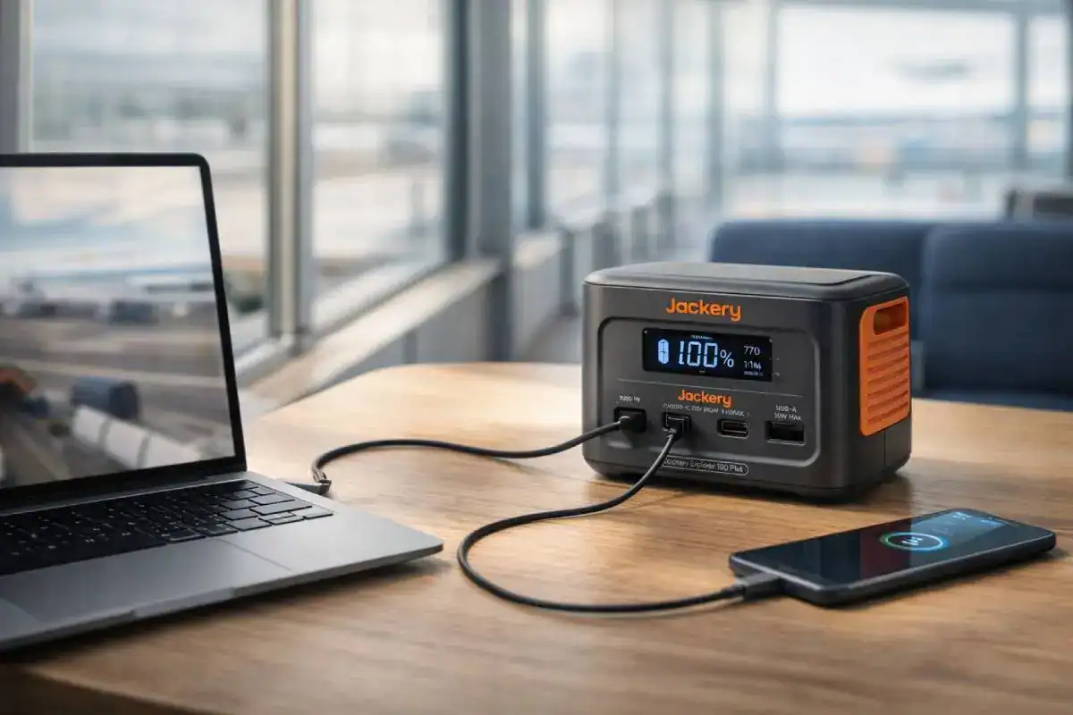 Jackery Explorer 100 Plus utilis&eacute; avec smartphone et ordinateur portable en d&eacute;placement