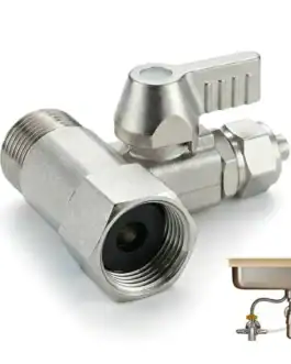 Raccord T 3/8" avec vanne d'arrêt pour systèmes de filtration d'eau, osmoseur et frigo américain, facilitant la connexion et la coupure d'eau.
