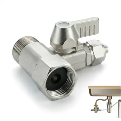 Raccord T 3/8" avec vanne d'arr&ecirc;t pour syst&egrave;mes de filtration d'eau, osmoseur et frigo am&eacute;ricain, facilitant la connexion et la coupure d'eau.