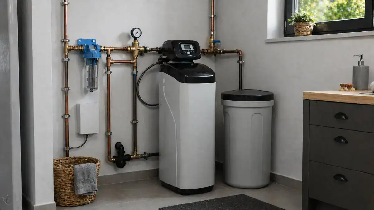 Installation durable d'un adoucisseur avec préfiltre et régulateur de pression