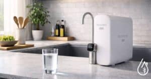 Lave-eau Waterdrop pour cuisine moderne - Boutique Diproclean Distributeur d'eau Waterdrop avec filtre dans une cuisine contemporaine, idéal pour une eau pure et saine.