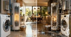 Comparaison entre une machine &agrave; laver propre et une machine encrass&eacute;e de calcaire, illustrant l'importance de l'entretien pour r&eacute;duire la facture d'eau et d'&eacute;nergie.