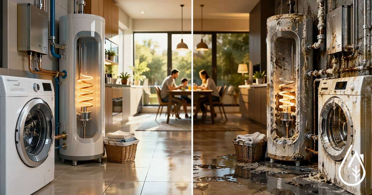 Comparaison entre une machine à laver propre et une machine encrassée de calcaire, illustrant l'importance de l'entretien pour réduire la facture d'eau et d'énergie.