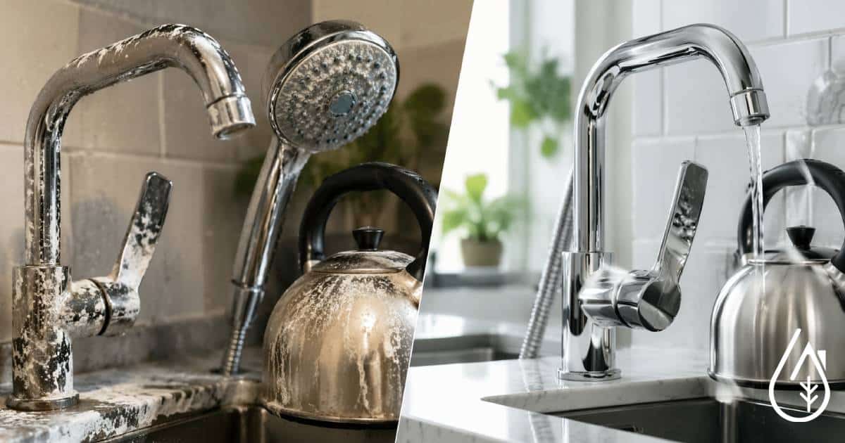 Robinetterie avant/après eau dure vs eau adoucie.