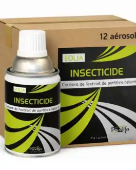 2 Aérosol insecticide naturel à base de pyrèthre, idéal pour repousser mouches et moustiques, disponible en pack de 12 aérosols pour une protection efficace et écologique.