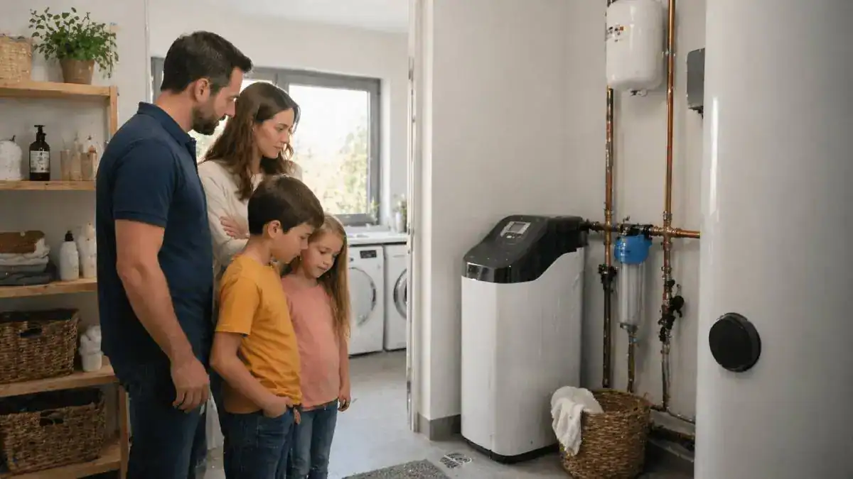 Famille comparant plusieurs adoucisseurs d'eau pour la maison