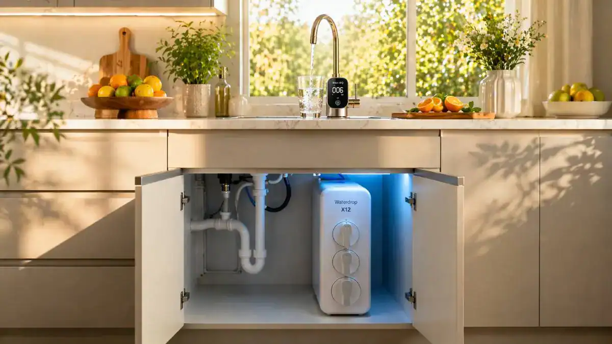 Installation d’un osmoseur Waterdrop sous évier dans une cuisine moderne