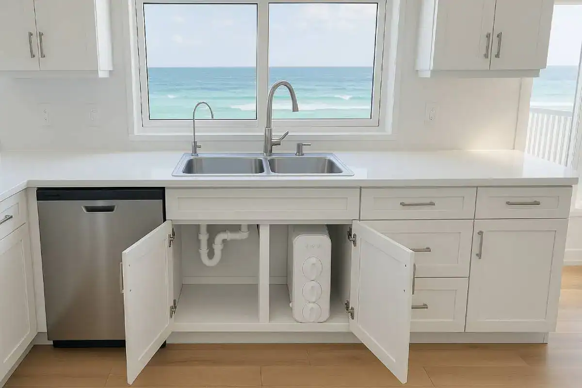 Osmoseur Waterdrop sous évier sans réservoir dans une cuisine moderne