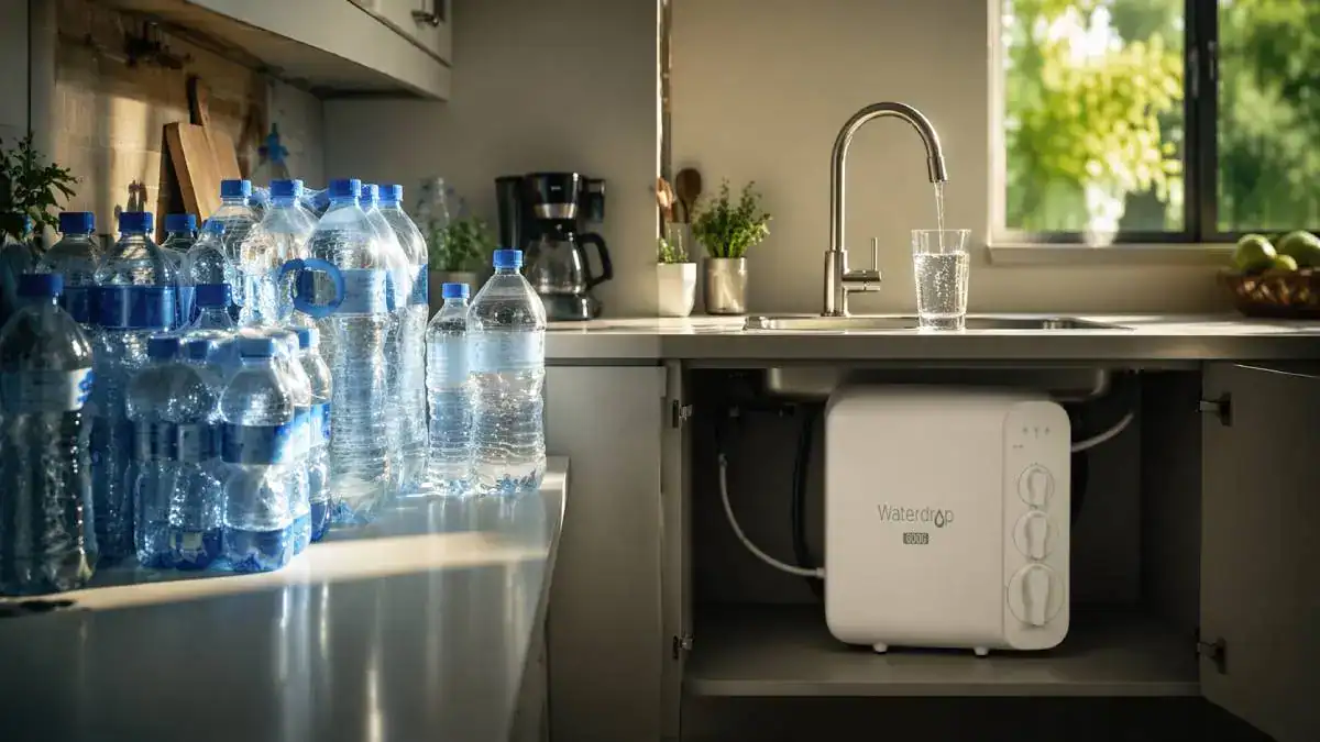Comparatif entre eau en bouteille et eau filtrée dans une cuisine moderne