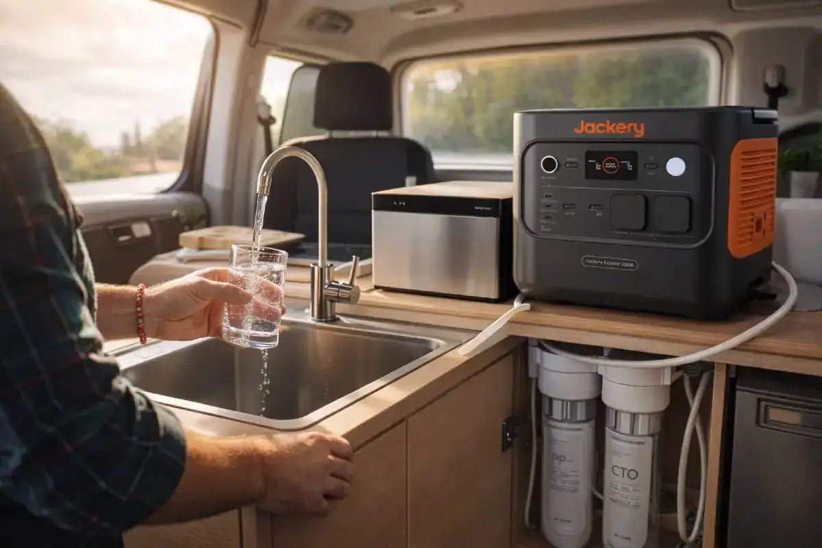 Station &eacute;lectrique utilis&eacute;e en vanlife avec syst&egrave;me de filtration d&rsquo;eau